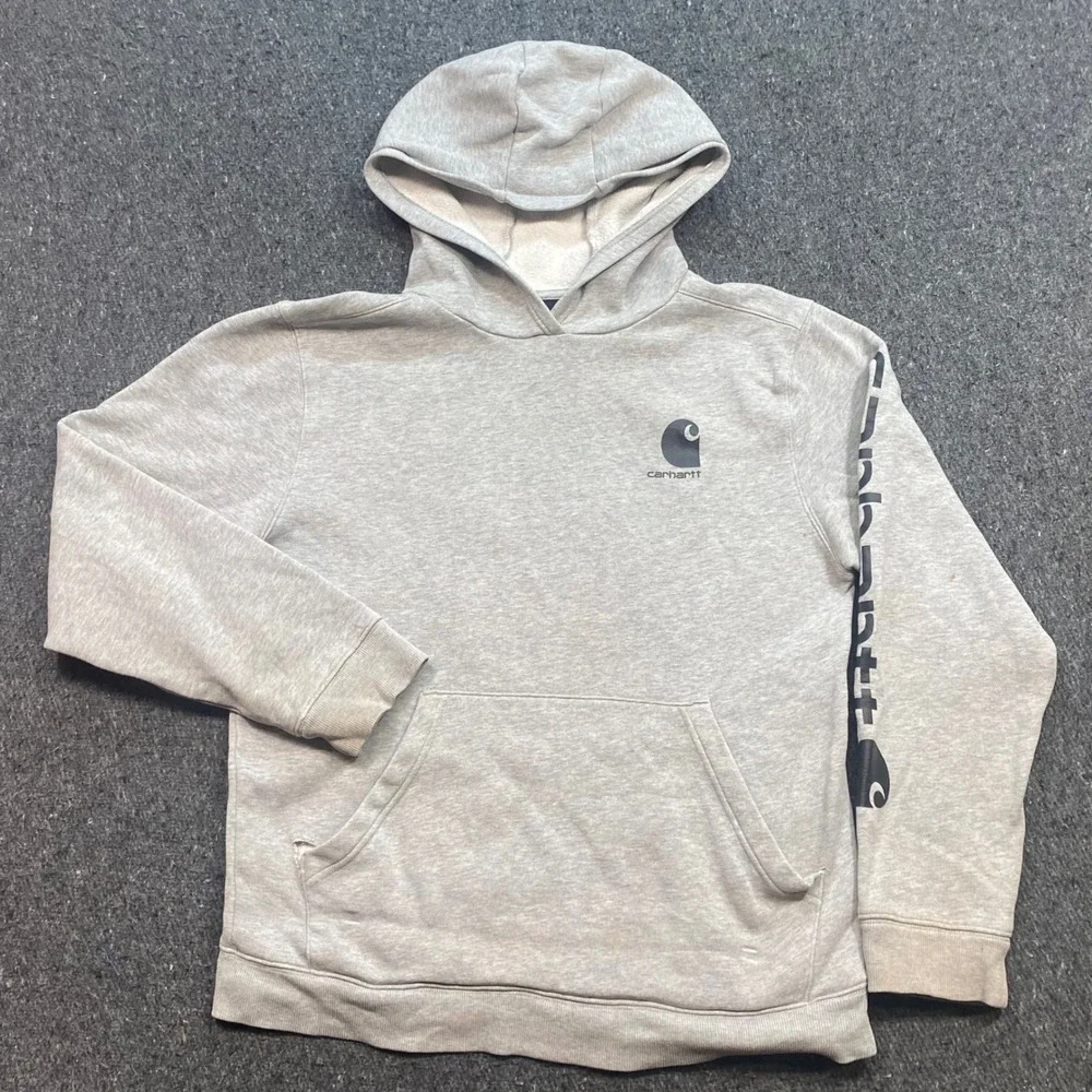 Carhartt Graphic Hoodie Sz XL Boys Gray Skater Streetwear Sleeve Print Logo